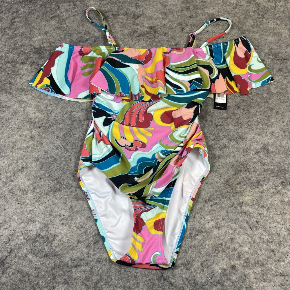 New BCBG Max Azria One Piece Swimsuit Women's S Bright Geometric Floral Ruffle